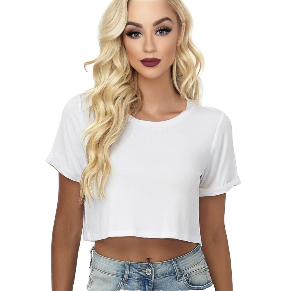 Groceries White Round Neck Short Sleeve Crop Top 100% Organic Cotton Tee Small
